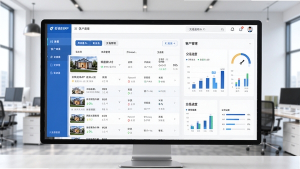 好房通ERP主界面预览图,展示房源列表、客户管理、交易进度看板等核心功能模块,背景为简约商务办公风格,整体色调以蓝白为主,界面布局清晰,数据可视化图表元素丰富