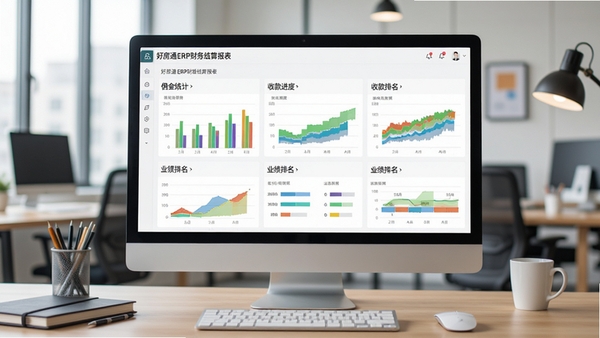 好房通ERP财务结算报表界面,展示佣金统计、收款进度、业绩排名等图表,背景为办公室场景,电脑屏幕显示彩色数据图表
