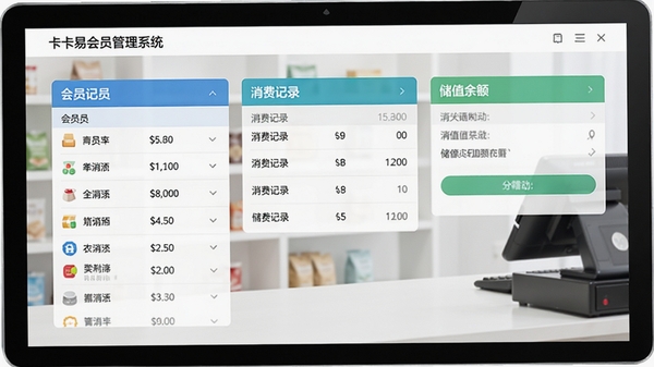 一卡易会员管理系统主界面截图,展示清晰的会员列表、消费记录和储值余额三大核心功能模块,背景为简约的商铺收银台场景,整体画面明亮整洁,突出软件界面友好易用的特点