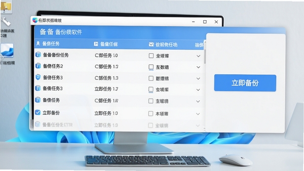 备备数据备份软件主界面截图,展示清晰的备份任务列表和醒目的“立即备份”按钮,背景为整洁的现代电脑桌面,整体风格简洁专业,色彩搭配以蓝色和白色为主,突显数据安全的可靠感。