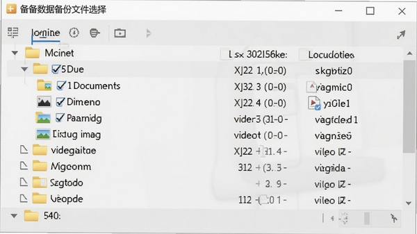 备备数据备份文件选择界面,显示电脑文件夹树状结构,用户可以勾选需要备份的文档、图片和视频文件,界面清晰展示文件大小和类型,背景为浅灰色,突显功能实用性。