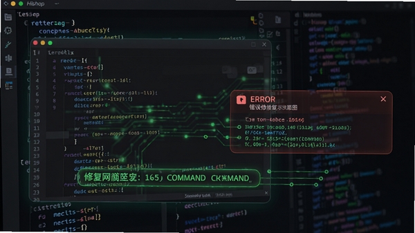 Hishop网店系统错误修复示意图,显示代码编辑器窗口和错误提示,背景为深色代码界面,绿色文字突出修复命令,画面专业且充满科技感
