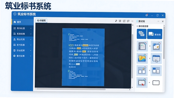 筑业标书系统主界面预览图,展示左侧清晰的导航栏、中央标书编辑区域以及右侧的素材库面板,整体界面以蓝白为主色调,风格现代且专业,软件名称“筑业标书系统”在界面左上角醒目显示