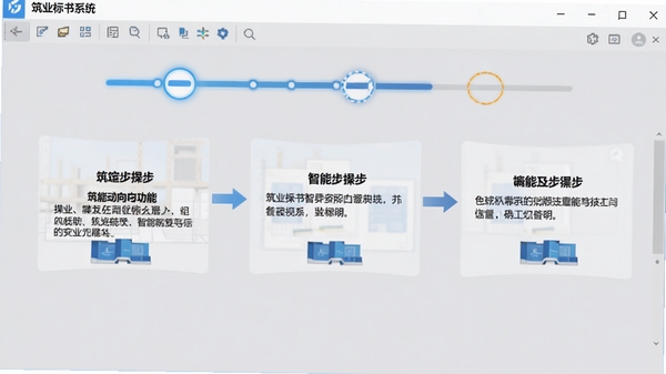 筑业标书系统的智能编制向导功能截图,显示分步操作界面,每一步都有清晰的操作指引和说明文字,背景为柔和的浅灰色,突出显示当前步骤的进度条,软件名称“筑业标书系统”出现在界面顶部工具栏