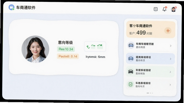 车商通软件客户跟进页面示意图,界面显示客户头像、意向等级和最近跟进时间,右侧有提醒列表,整体配色柔和