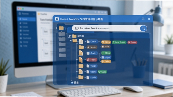 TeamDoc文档管理功能示意图,展示多级文件夹结构、文件的标签色彩和全文搜索框,背景为模糊的电脑屏幕和办公桌面,画面重点突出文档的整齐归类与高效检索,色调以蓝色和白色为主,传达清晰、有序的管理理念