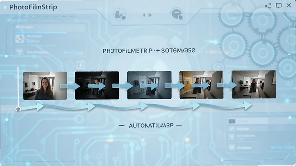 PhotoFilmStrip��������չʾͼ����ʾ������Ƭ������ʱ�����ϣ����з����ͷָʾ��ͷ�˶�·��������Ϊ����ɫ�Ƽ��н��棬���������ˣ�ͻ���Զ����˾�����