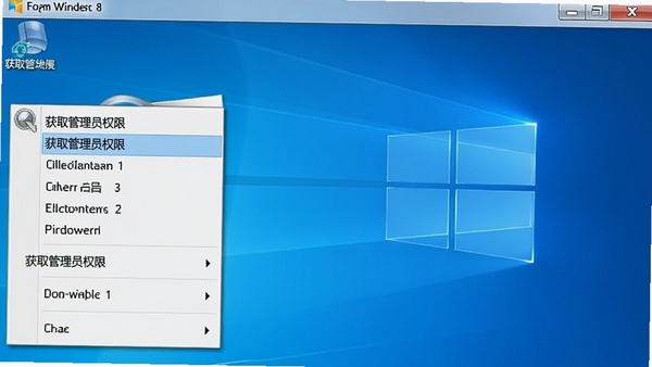Windows 8 右键获取管理员权限软件主界面截图,简洁的Windows 8风格窗口,展示右键菜单中新增的“获取管理员权限”选项,背景为纯净的蓝色桌面,画面清晰明亮