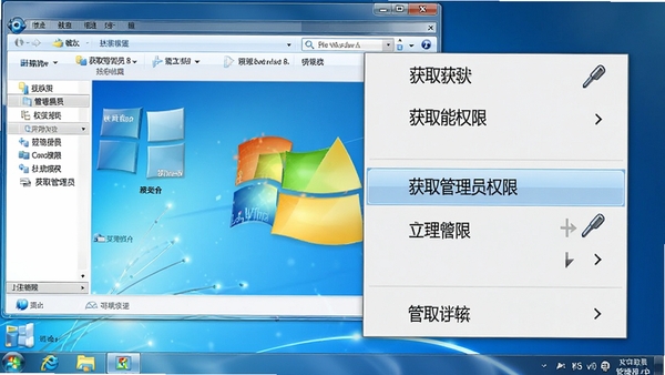 Windows 8 右键获取管理员权限软件功能展示图,画面左侧是Windows 8资源管理器窗口,右侧悬浮展示右键菜单放大效果,突出“获取管理员权限”选项,整体风格科技感强,细节丰富