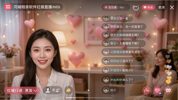 同城相亲软件红娘直播页面,主播在屏幕左下方,右侧有用户留言弹幕,背景为温馨演播室,有粉色爱心装饰,画面清晰,直播互动氛围浓郁