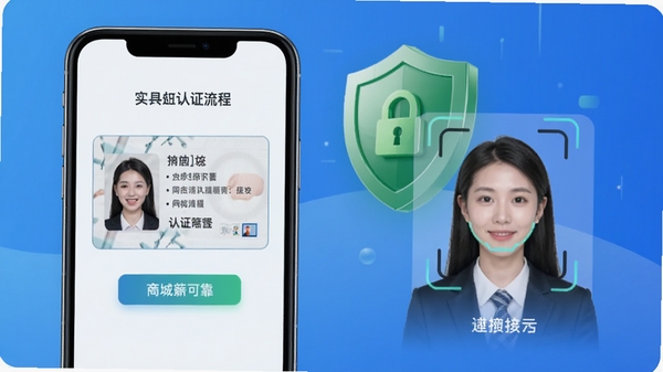 同城相亲软件实名认证流程展示,界面有身份证上传框与人脸识别动画,背景为绿色安全盾牌图标,整体风格简洁商务,蓝色渐变背景,突出安全可靠感