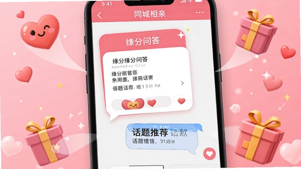 同城相亲软件互动聊天界面,显示缘分问答卡片和话题推荐气泡,背景有爱心和礼物特效,粉红色系,活泼可爱风格,模拟真实聊天场景,画面生动