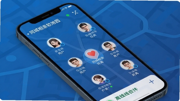 同城相亲软件地图匹配界面,手机屏幕显示周边用户头像分布,有红色爱心标记,背景为简约地图风格,蓝色科技感色调,清晰展示距离与在线状态,画面干净直观