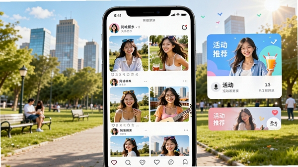 同城相亲软件动态广场界面,展示用户发布的照片流,有活动卡片推荐,背景为城市公园场景,阳光明媚,整体风格青春活力,色彩明亮