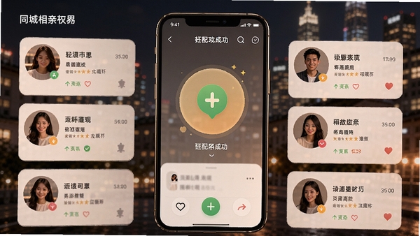 同城相亲软件主界面,展示附近单身用户卡片列表,背景为城市夜景,画面中央有手机模型,屏幕内显示匹配成功动画,暖色调灯光,氛围温馨浪漫,高清渲染