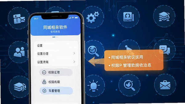 同城相亲软件使用教程示意图,手机屏幕显示设置菜单和权限管理选项,背景为操作步骤图标,蓝色科技感风格,清晰标注重点步骤,画面简明易懂