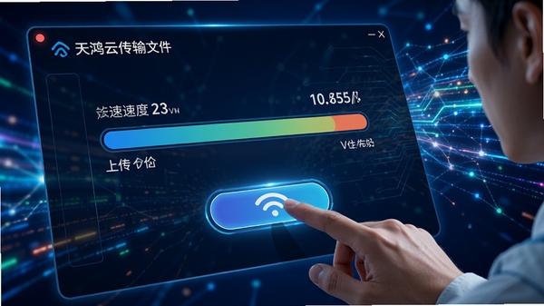 天鸿云传输界面,显示文件上传进度条与速度数据,背景为动态网络线条,人物手指点击传输按钮,画面富有科技动感,色彩明亮,突出高速与稳定