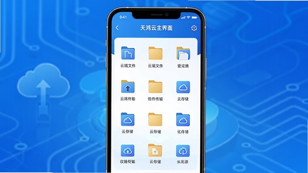 天鸿云主界面展示,手机屏幕中显示云端文件分类管理页面,背景为渐变色科技蓝,图标排列整齐,突出文件传输与云存储功能,画面清晰明亮,具有现代感,适配Boogu模型生成