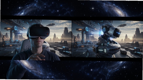 VR播放器播放3D科幻电影画面,左右分屏格式,用户佩戴VR眼镜观看,周围有星空环绕特效,画面色彩绚丽,细节丰富,体现沉浸式观影体验