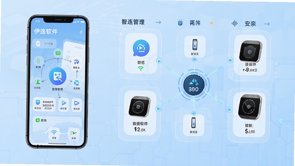 伊连软件主界面预览图,展示手机与多种智能设备连接状态,背景为浅蓝色科技感界面,图标排列整齐,突出连接管理功能,整体风格简洁现代,高清渲染
