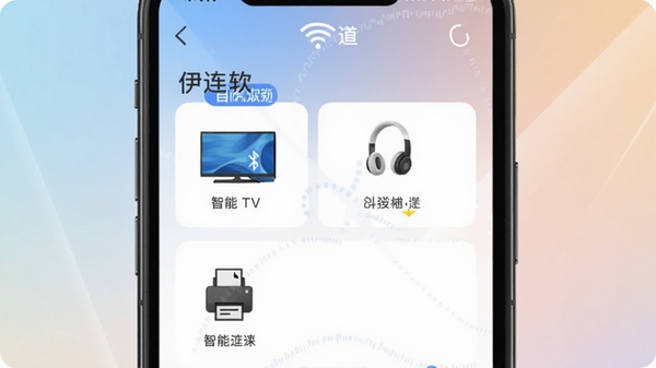 伊连软件智能发现设备功能截图,手机屏幕显示附近可连接设备列表,包括智能电视、蓝牙耳机、打印机图标,背景为柔和渐变,界面简洁清晰,突出自动扫描识别过程