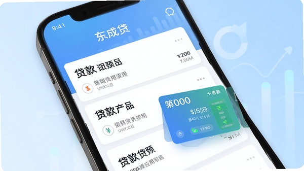 东成贷应用主界面预览图,手机屏幕展示贷款产品列表和信用额度卡片,背景为浅蓝色渐变,突出简洁现代金融科技风格