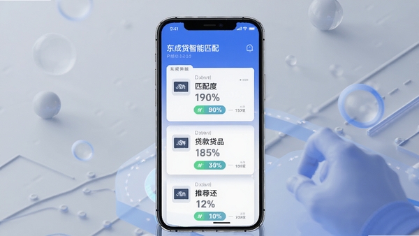 东成贷智能匹配功能示意图,手机界面显示多个贷款产品卡片对比,带有匹配度百分比和推荐标签,背景搭配柔和灰色与蓝色调,展现科技感和便捷性