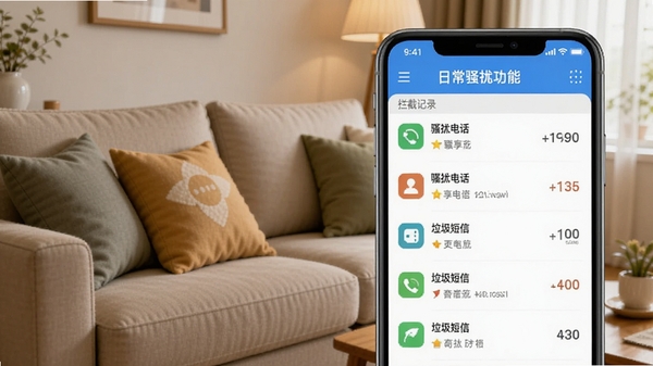 联享守护骚扰拦截功能界面,手机屏幕显示拦截记录列表,包括骚扰电话和垃圾短信,背景为家庭客厅场景,沙发上放着抱枕,画面温馨,突出日常防护的应用场景。