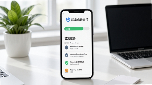 联享守护病毒查杀功能示意图,手机屏幕显示扫描进度条和已发现的威胁列表,背景为干净的办公桌面,周围有绿植和笔记本电脑,画面清晰明亮,突出安全防护的主题。