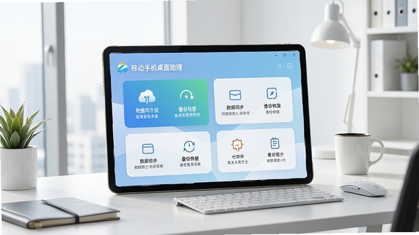 中国移动手机桌面助理主界面概览,展现其数据同步、备份恢复等核心功能模块,背景为整洁的现代办公桌面环境,软件界面清晰可见,整体风格简洁明亮,突出其综合管理工具的定位