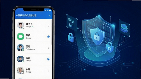 中国移动手机桌面助理数据备份与恢复功能操作界面,展示联系人、短信、图片等数据类型的选择列表,背景为数据安全防护的抽象图示,强调数据备份的安全性与可靠性