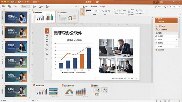 奥菲森办公软件演示文稿编辑界面,展示多种幻灯片模板缩略图,中央为正在编辑的幻灯片,包含图表与图片,设计风格商务大气,色彩鲜明,体现软件的专业性