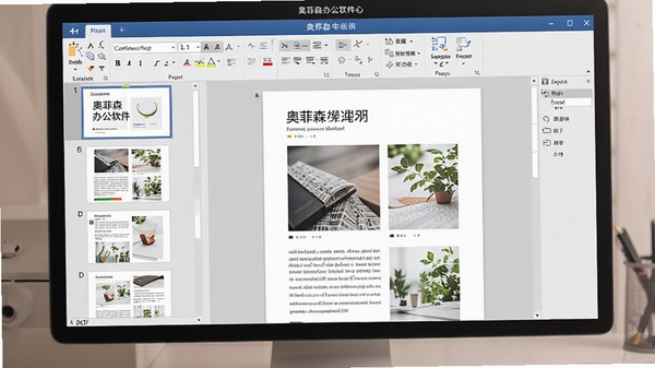 奥菲森办公软件正在编辑一份图文并茂的商务报告,左侧显示页面缩略图,右侧为编辑区,工具栏清晰可见,屏幕上文字清晰锐利,整体色调柔和,展现专业办公氛围