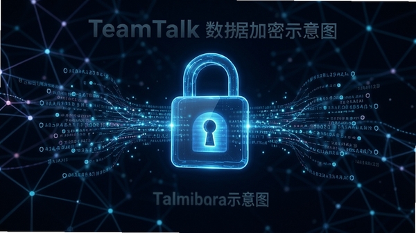 TeamTalk数据加密示意图,展示锁形图标与数据流,背景为科技感网络线条,强调安全性