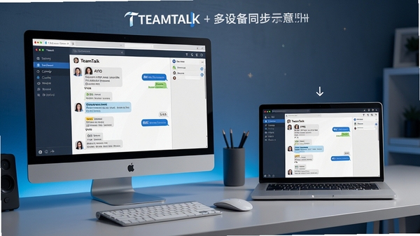 TeamTalk多设备同步示意图,展示电脑与笔记本屏幕同步显示相同聊天内容,体现无缝切换特性