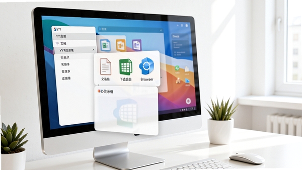 YY菜单在办公场景下的应用示意图,屏幕上显示悬浮菜单展开,包含文档、表格、浏览器等快捷方式,背景为明亮整洁的办公桌,显示器上可见菜单面板的清晰布局
