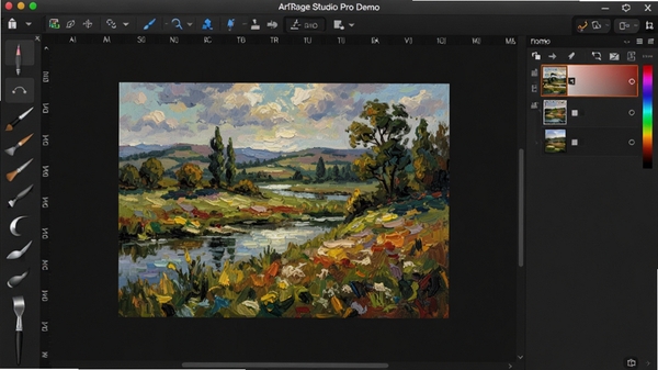 ArtRage Studio Pro Demo ���ֻ滭���������棬��๤����չʾ���ַ��滭��ͼ�꣬���뻭������һ��ɫ��Ũ���ķ羰�ͻ���Ʒ���Ҳ���ͼ������ɫ��壬���廷��Ϊ��ɫרҵ����̨��������ͣ�ϸ������������������רҵ�滭���ܣ����Ϊдʵ3D��Ⱦ���߷ֱ��ʣ�������