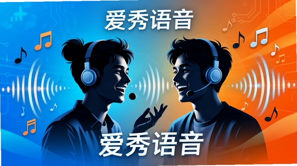 爱秀语音高清语音功能展示图,画面中央为两个正在使用耳麦愉快交谈的年轻用户剪影,周围环绕着声波波纹与音符元素,背景为明亮的科技蓝与活力橙渐变,整体风格时尚动感,突出清晰、流畅的语音交流体验,画面中可看到“爱秀语音”字样,无其他多余文字。