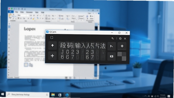 段码输入法主界面预览图,简洁的输入法状态栏悬浮在Windows桌面之上,背景为模糊处理的蓝色办公场景,桌面隐约可见文档编辑窗口,整体风格清爽专业,突出输入法工具的实用性与现代感