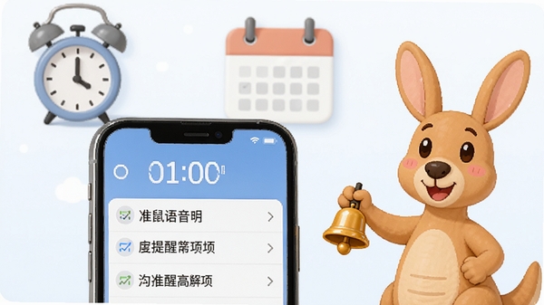袋鼠语音盒语音提醒功能,手机屏幕显示时间与提醒事项列表,背景有闹钟和日历图标,袋鼠卡通形象手持小铃铛,整体风格明亮简洁,传达准时提醒与高效生活理念。
