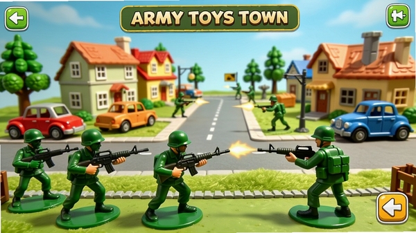 Army Toys Town游戏主界面全景图,展示玩具士兵在微缩城镇中战斗的场景,画面色彩明亮,细节丰富,前景是几个手持枪械的绿色塑料士兵,背景是玩具房屋、汽车和树木,整体风格卡通写实,光线充足,充满童趣和战斗氛围