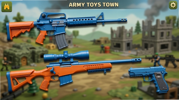 Army Toys Town游戏武器展示界面,展示多种玩具枪械,包括步枪、狙击枪和手枪,枪身带有明显的玩具质感,如鲜艳的颜色和塑料光泽,背景是模糊的玩具战场,突出武器细节,画面清晰,光影效果良好