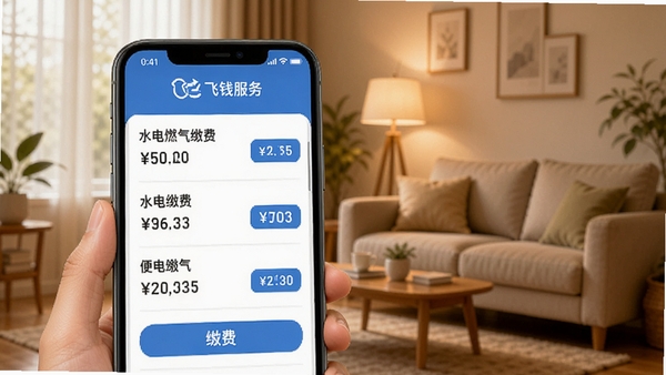 飞钱服务缴费功能示意图,手机界面显示水电燃气缴费列表,每项带有金额和缴费按钮,背景为温馨的家庭客厅场景,光线柔和,突出便捷生活缴费主题,包含飞钱服务品牌名称