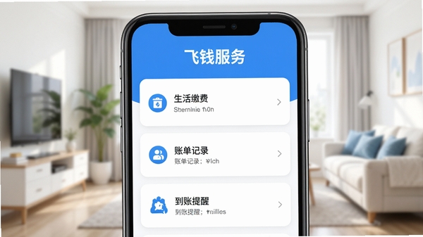 飞钱服务主界面预览图,展示手机屏幕中清晰的功能列表,包含生活缴费、账单记录、到账提醒等模块,背景为简洁明亮的家居环境,整体色调以蓝色和白色为主,突出软件名称飞钱服务字样
