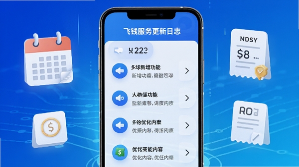 飞钱服务更新日志配图,展示手机屏幕上的功能更新列表,背景为科技感蓝色渐变,有日历和账单图标,突出新增功能和优化内容