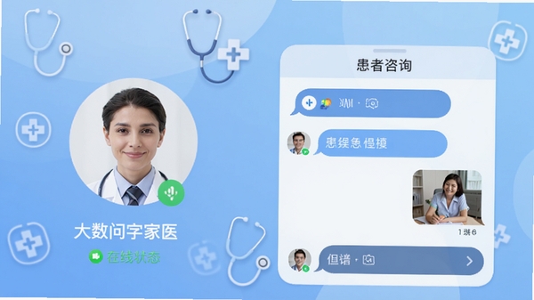 大白数字家医APP在线问诊功能预览,画面左侧为医生端头像和在线状态,右侧为患者咨询对话框,包含语音条和图片消息,背景为柔和的蓝色渐变,点缀听诊器、医疗图标等元素,整体风格专业且亲切