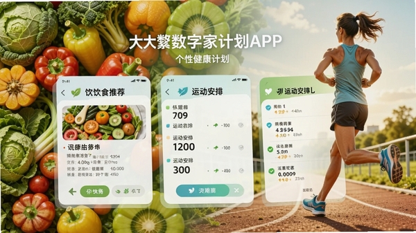 大白数字家医APP的个性化健康计划界面,展示一周的饮食推荐和运动安排,以卡片形式呈现,背景为新鲜的蔬菜水果和跑步运动场景,色彩鲜艳,整体风格积极向上,突出健康生活方式