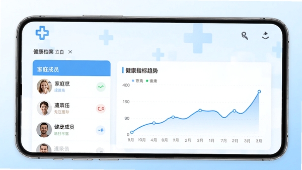 大白数字家医APP的健康档案管理界面截图,屏幕上显示家庭成员列表和各项健康指标的趋势曲线图,背景为简约的医疗十字标志和淡蓝色渐变底色,数据图表线条清晰,色彩以蓝白为主,体现专业医疗感
