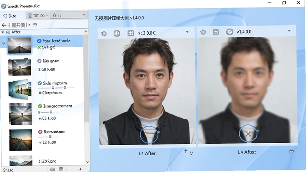 无损图片压缩大师v1.4.0.0软件界面预览图,左侧为图片列表,右侧显示压缩前后画质对比细节,背景为浅蓝色渐变,突出专业性和清晰度