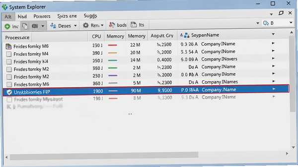展示System Explorer的进程列表界面,突出显示进程的详细信息列,如CPU、内存、公司名,并高亮一个可疑进程,背景为浅灰色,界面清晰可读